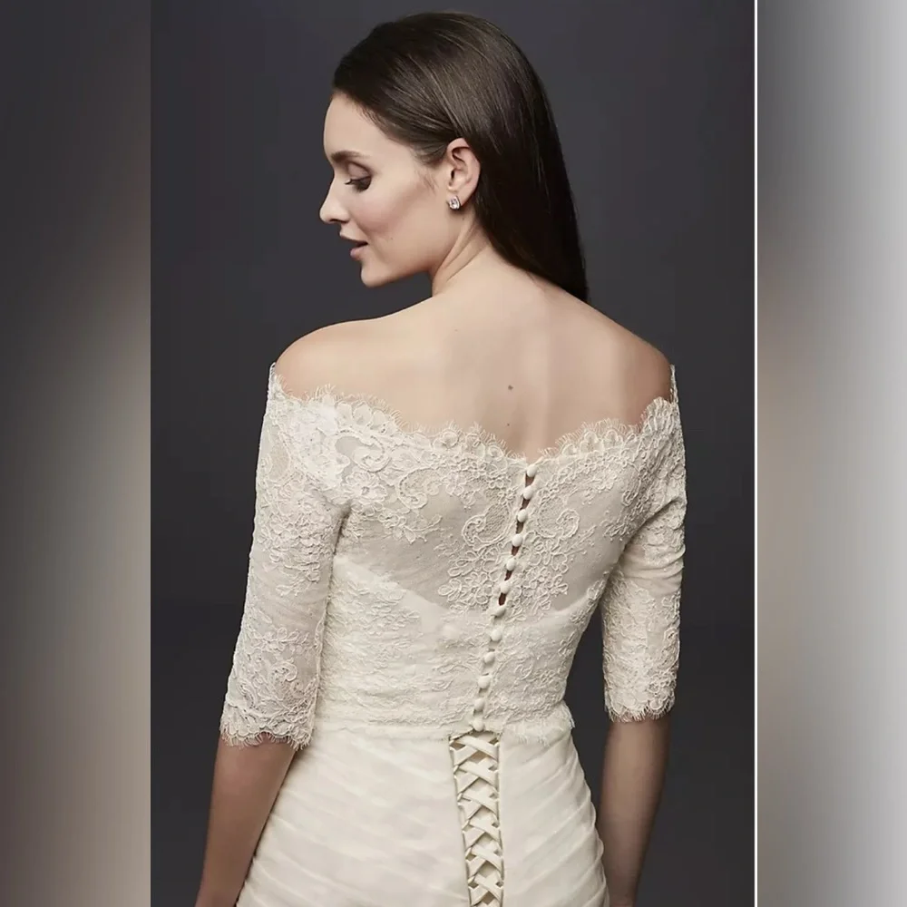 David’s Bridal Ivory Off-the-Shoulder Lace Topper with 3/4 Sleeves - Picture 2 of 10